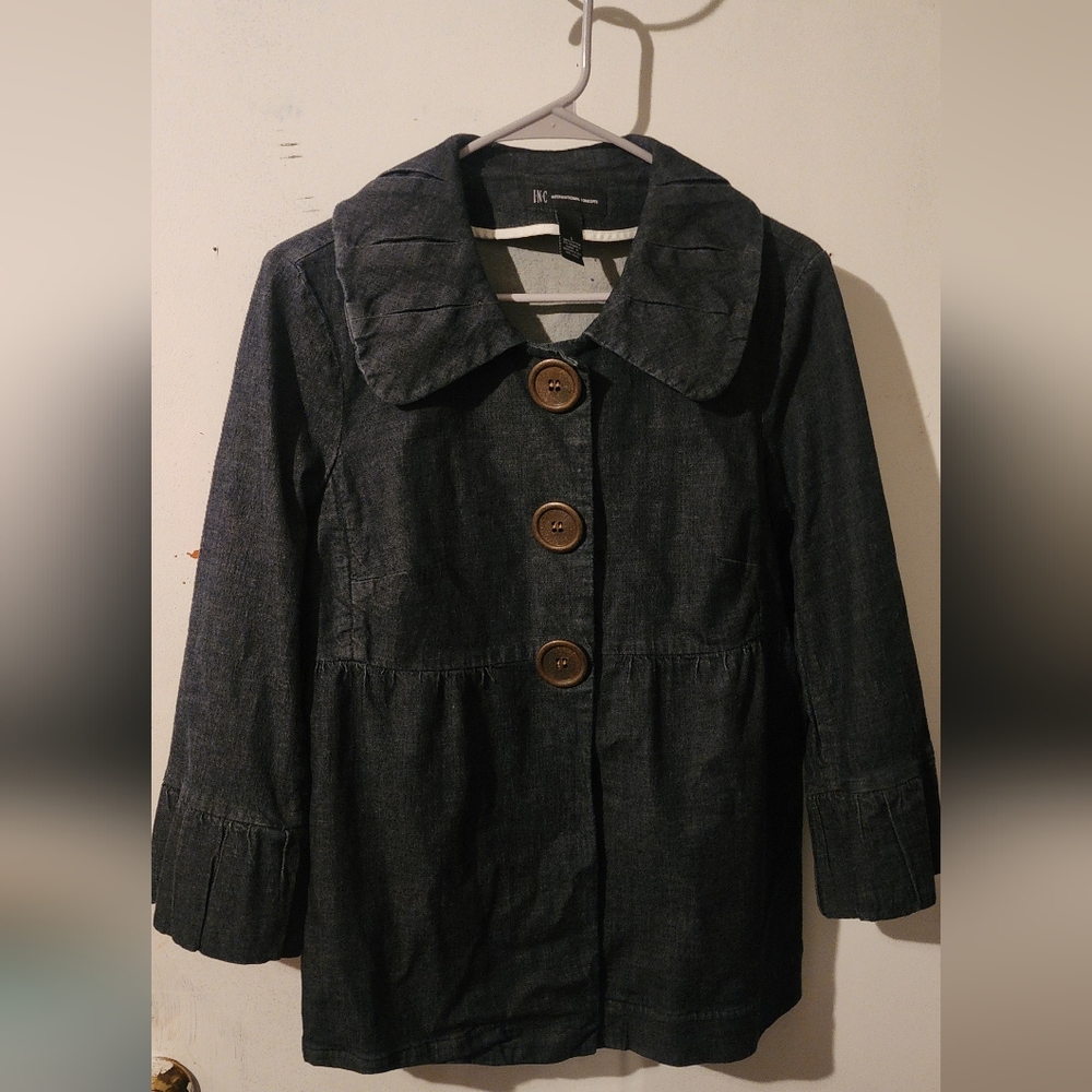INC International Concepts Dark Gray Jean Jacket with Brown Buttons